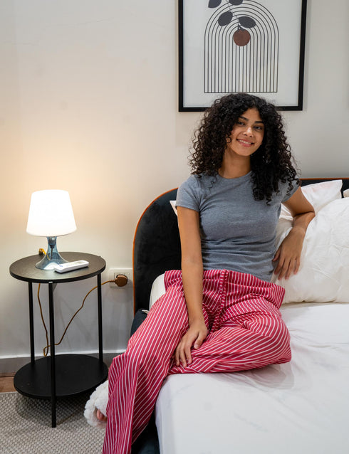 Women summer pajama set Dark Grey T-shirt + Red X White Spaced Stripes Pants